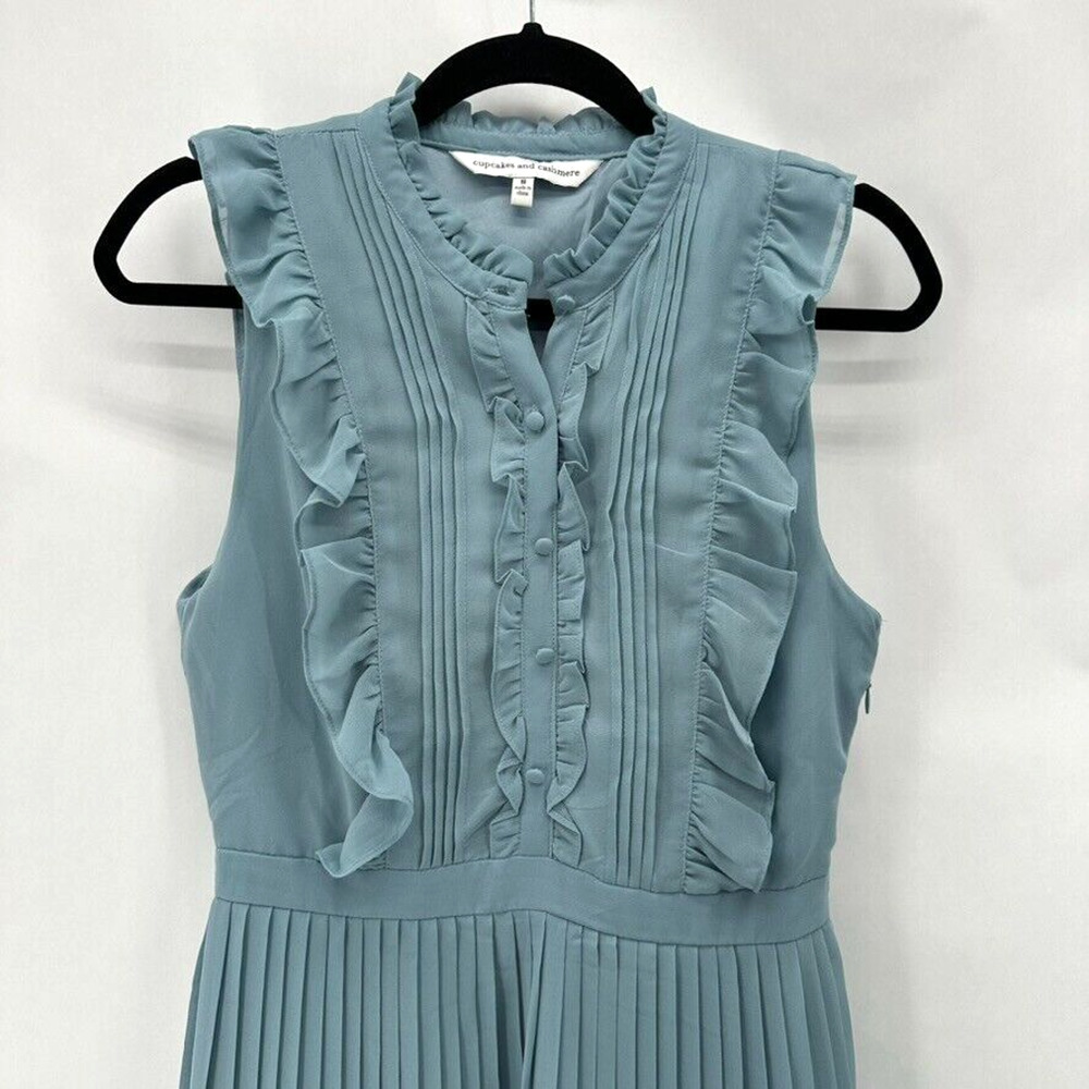 Cupcakes & Cashmere Hastings Ruffle Dress Womens 8 Fit Flare Blue Pleated Dainty - Picture 3 of 12
